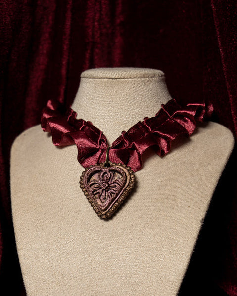 The Cross Maroon Satin Ruffle Choker