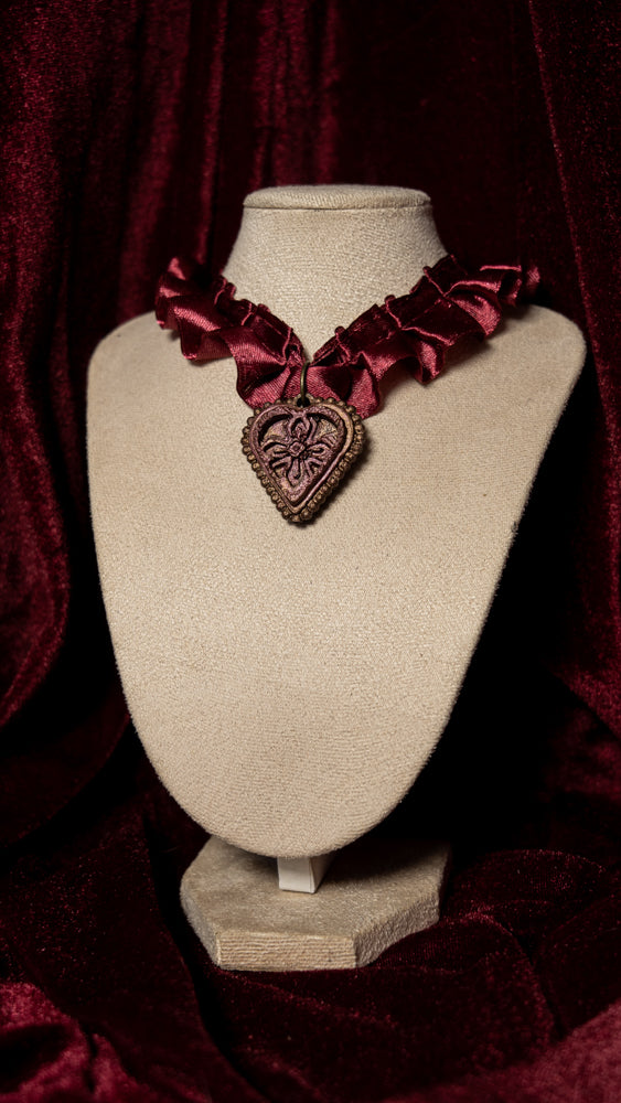 The Cross Maroon Satin Ruffle Choker