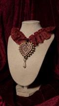The Casket Maroon Lace Ruffle Choker with Pearl Teardrop