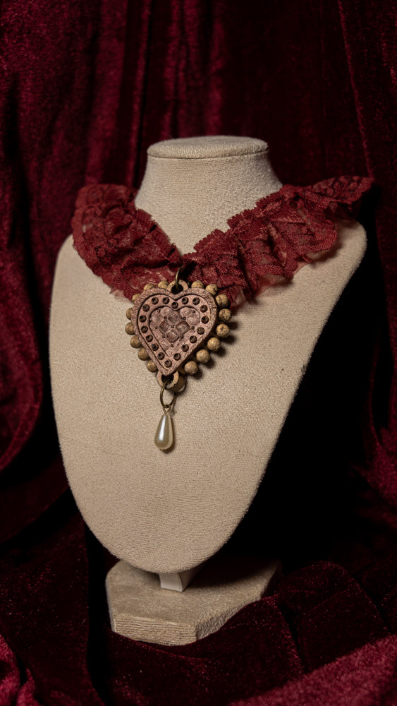 The Casket Maroon Lace Ruffle Choker with Pearl Teardrop