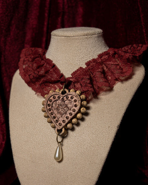 The Casket Maroon Lace Ruffle Choker with Pearl Teardrop