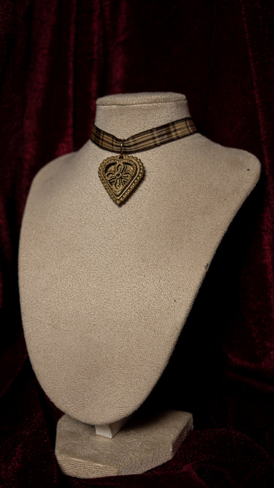 The Cross Brown Plaid Ribbon Choker
