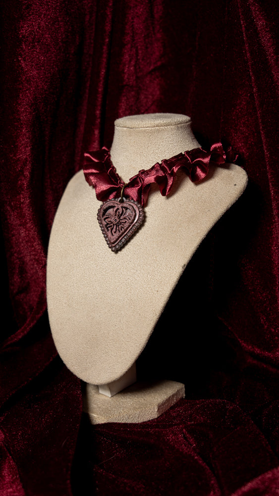The Cross Maroon Satin Ruffle Choker