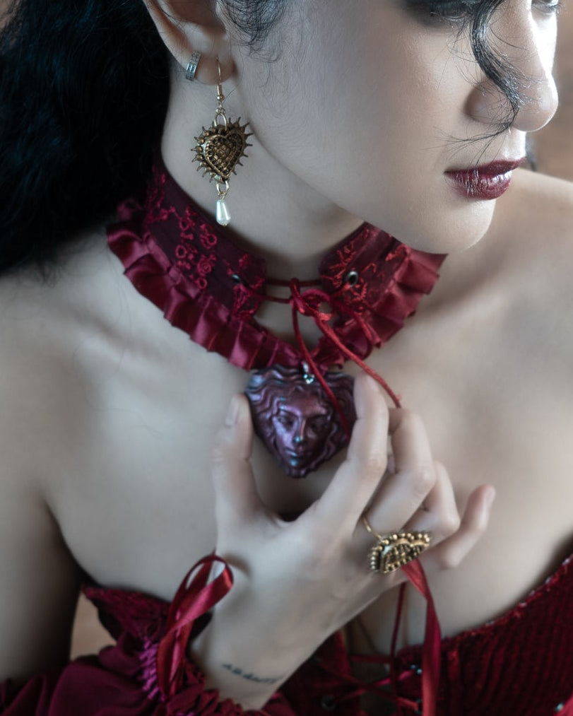 Carmilla Wine & Gunmetal Red Satin Ruffle Choker (Large)