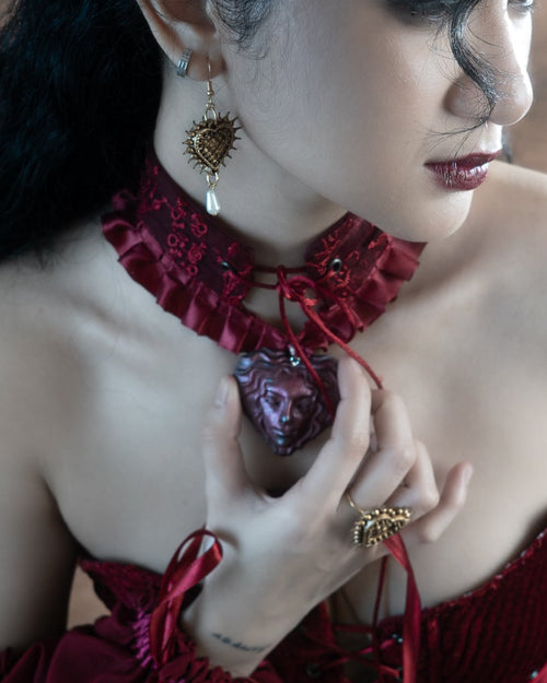 Carmilla Wine & Gunmetal Red Satin Ruffle Choker (Large)