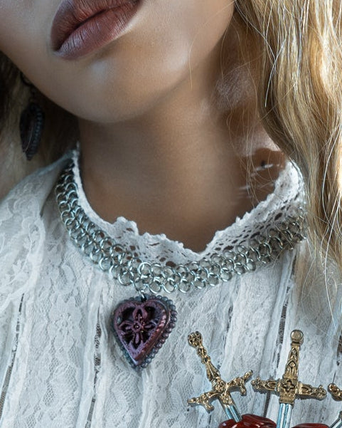 The Cross Wine & Gunmetal Stainless Steel Chainmaille Necklace (Medium)