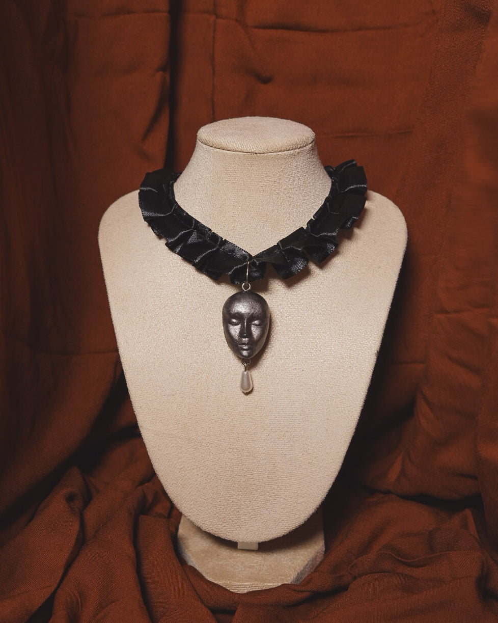 Sleeping Thomasin Black Satin Ruffle Choker